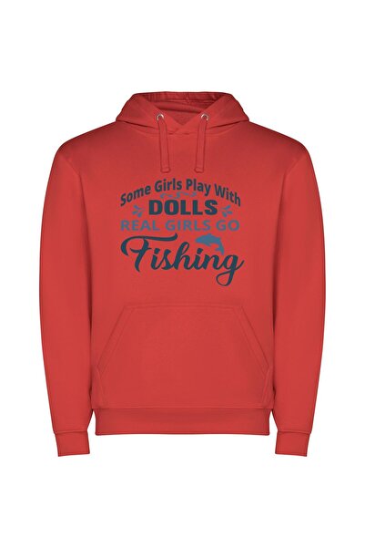 iLovePrints Fishing Real Girls: Authentic Φούτερ με κουκούλα σε χρώμα Κόκκινο