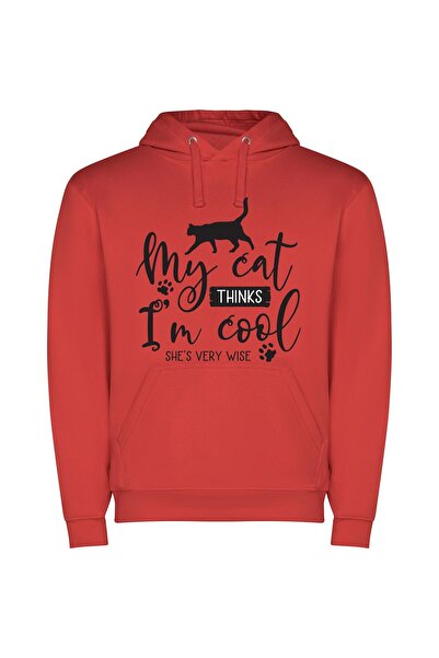 iLovePrints Purrrfectly Cool Cat Φούτερ με κουκούλα σε χρώμα Κόκκινο