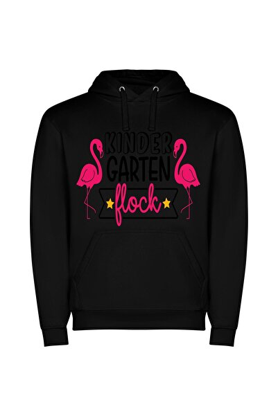 iLovePrints Pink Flamingo's Garden Parade Φούτερ με κουκούλα σε χρώμα Μαύρο