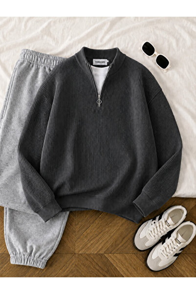 threeoff Men's Thessaloniki Knitted Half-Zip Knitwear Sweater High Collar Win...