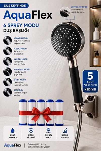 AquaFlex Filtreli Duş Başlığı | 6 Fonksiyonlu | 5 Yedek Filtre | Su Arıtmalı,...