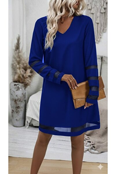 Wear Up Дамска рокля с дълъг ръкав, V-образно деколте, тюл и мини креп
