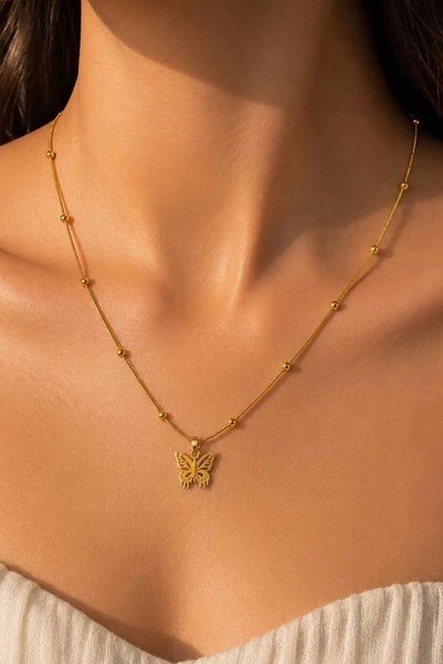 velcstudio Kadın Altın Renk Kelebek Figürlü Çelik Kolye Gold Zarif Minimal Şı...