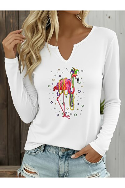mercoledi Flamingo Printed Cotton V-Neck Long Sleeve Blouse