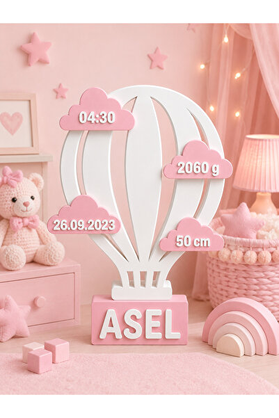 Aselhediyetasarımatölyesi Kişiye Özel Balon Doğum Panosu Ahşap Bebek Odası Ka...