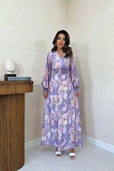 Moda Days فستان ماكسي نسائي من الشيفون الأرجواني بتصميم زهور وياقة مزدوجة الص...