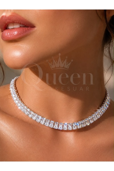 QUEEN AKSESUAR Lüks kristal Baget dikdörtgen zikron taşlı choker kelepçe boyu...