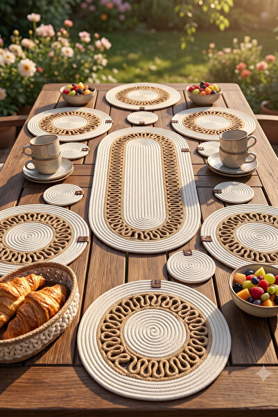 Villadia Home Textile 14 Parça Jüt Örme 6 Kişilik Supla Runner Bardak Altlığı...