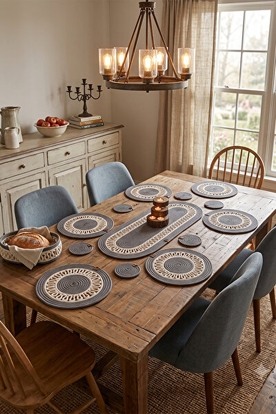 Villadia Home Textile 14 Parça Jüt Örme 6 Kişilik Supla Runner Bardak Altlığı...