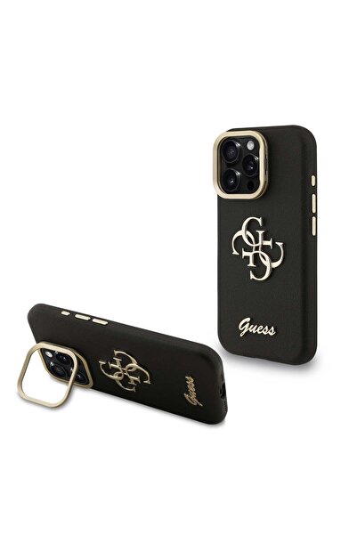 Guess Husa Grained 4G Logo Stand Camera Frame iPhone 15 Pro Negru
