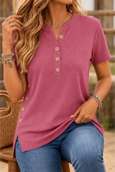 modi Women's Short Sleeve Judge V-Neck Buttoned Twisted Blouse