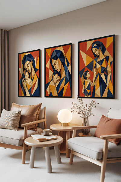 Zestia Black Framed 3-Piece Painting Set, Mother Child Portrait, Cubist Art S...