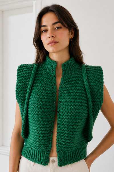 Butik By Maria Kaya Emerald Pearl El Örgüsü Kristal Boncuk İşlemeli Merino Yü...