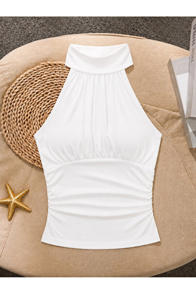 WEEST MODA White Halter Neck Gathered Draped Stylish Cropped Blouse