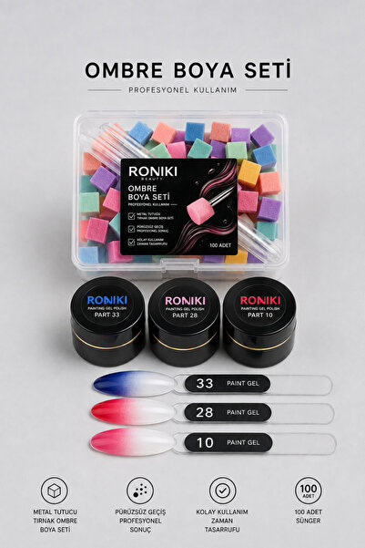 RONIKI Ombre Nail Art Seti – 3'lü Ombre Jel Boya + Ombre Sünger Seti
