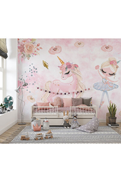 LOTUS AURA Pembe Unicorn ve Balerin Kız Temalı Çocuk Odası Duvar Kağıdı - Sil...