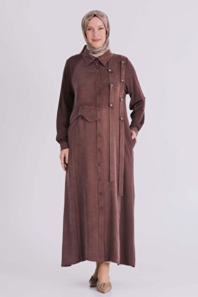 ottoman wear Behrem Büyük Beden Tesettür Taşlı Ferace Kahve OTW28080