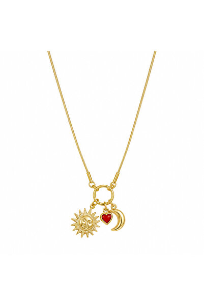 POSEİDONS JEWELLERY Güneş Ay Kırmızı Kalp Figürlü Gold Renk Çelik Kolye