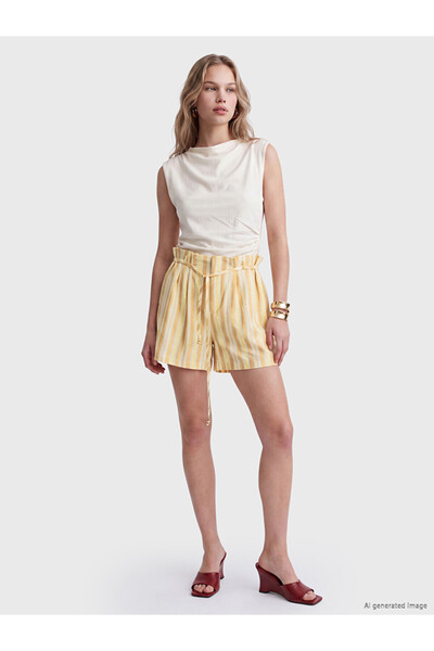 LC Waikiki Yellow Elastic Waist Striped Belted Women's Shorts