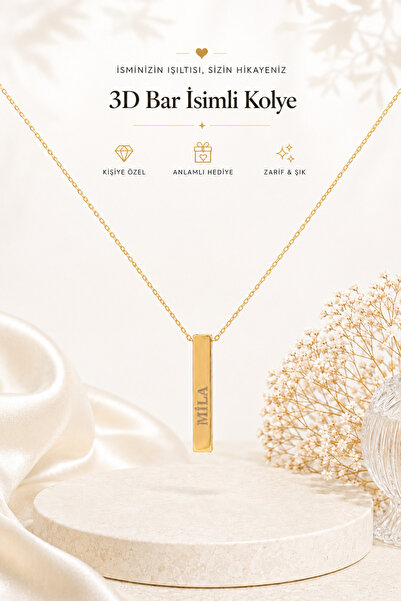 emirOmade 925 Ayar Gümüş Kişiye Özel 3 Boyutlu Bar İsimli Kolye Gold Rengi 14...