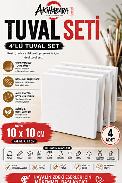 Akihabara 10x10 Cm Boş Tuval Arkadan Zımbalı Hobi Tuval 4 Adet