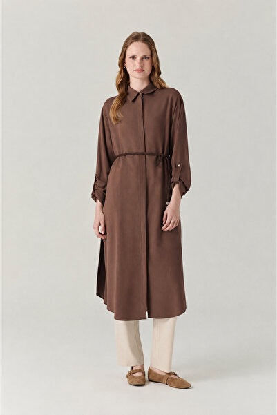 Zühre Belted Button Detailed Flowy Brown Tunic 1653