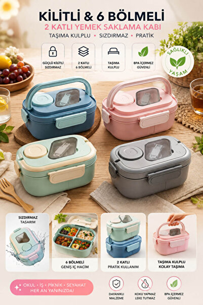 Anadolu Saray 2 Katlı 6 Bölmeli Lunch Box Sosluklu Çatal Kaşıklı Kilitli Yeme...