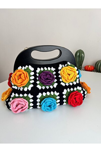 B BUL AKSESUAR Hand Knitted Flower Motif Women's Handbag with Wooden Handle