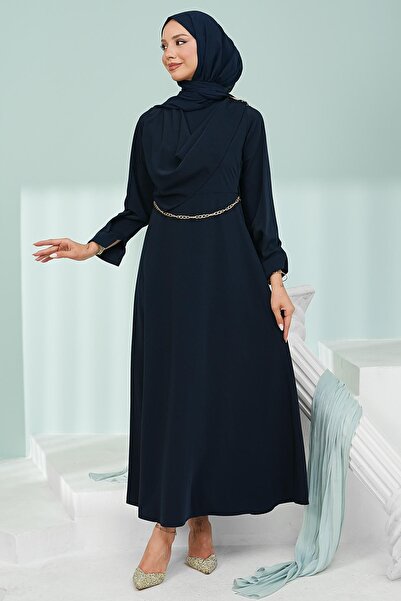 İmajButik Navy Blue Shoulder Shawl Detailed Chain Belted Dress