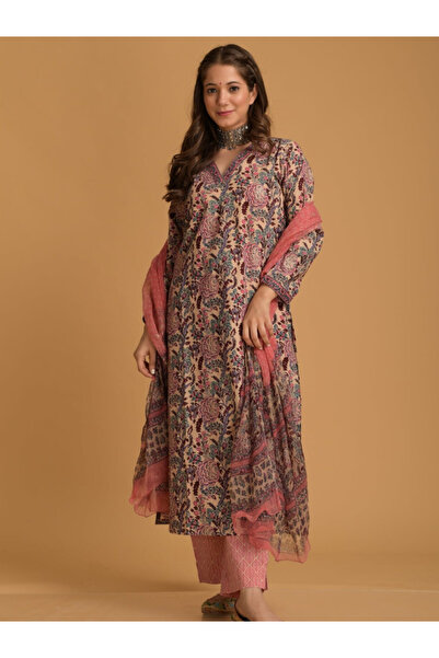 MYSMAR Maroon & Peach Printed Kurta Set - VRN1010 | Maroon & Peach-Size:XL-42...