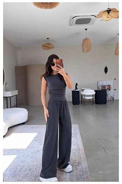 HELMİRA Women's Anthracite Gathered Detailed Wrinkled Blouse and Wide-Leg Ela...