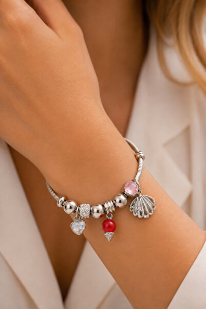 synshop Silver Color Steel Charm Bracelet Heart, Seashell and Stone Detailed ...