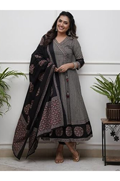 MYSMAR Black Geometric Printed Angrakha Anarkali Kurta Set - ALV2213 | Black-...