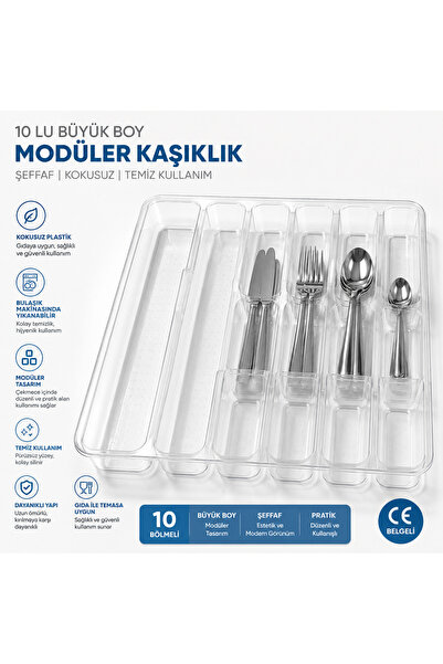 Genel Markalar İŞBİR 10 MODULER ŞEFAF BÖLMELİ ÇEKMECE ORGANİZERİ KAŞIKLIK