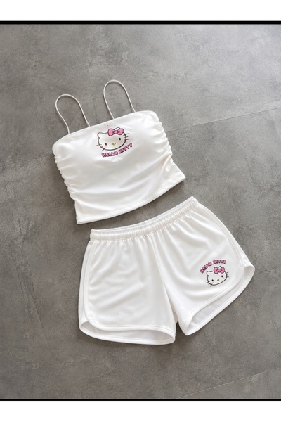 eyonnwear Beyaz Hello Kitty Baskılı İp Askılı Crop Büstiyer Şort Alt Üst Takım