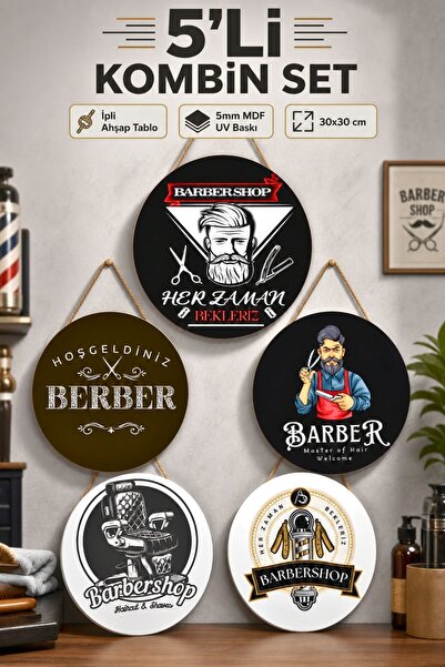 Nod 5'li Erkek Kuaförü ve Barber Shop Ahşap Duvar Tablosu Seti Berber Aksesua...