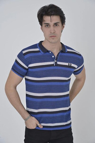 Generic Brand Men's Polo Neck T-Shirt Slim Fit Woven Striped T-Shirt - Blue
