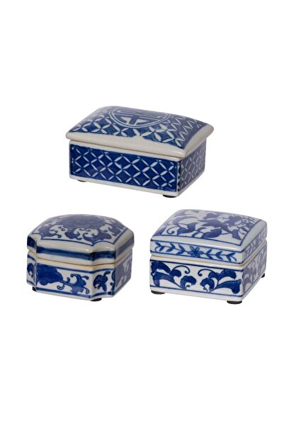 Roots Furniture صناديق زخرفية زرقاء وبيضاء من ليث S/3