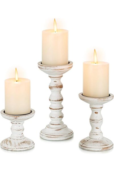Romadedi Wood Candle Holders for Pillar - Set of 3 Tall Rustic Vintage Wooden...