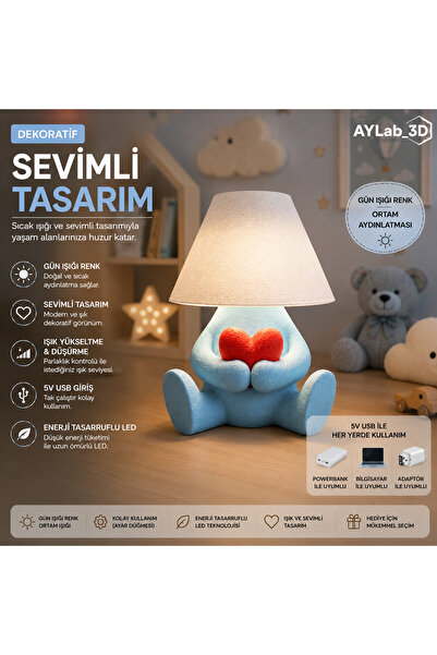 AYLAB3D Sevimli Dekoratif Gece Lambası Kalpli LED Masa Lambası 5V USB Çocuk O...