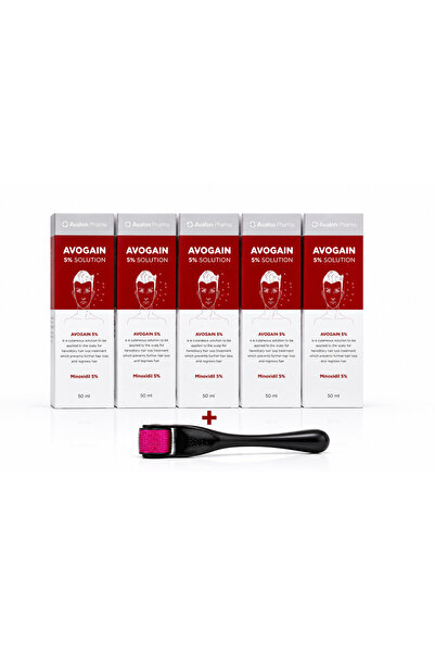 AVALON PHARMA Avogain 5% Minoxidil Hair Solution 50ml X5 + Derma Roller Bundl...