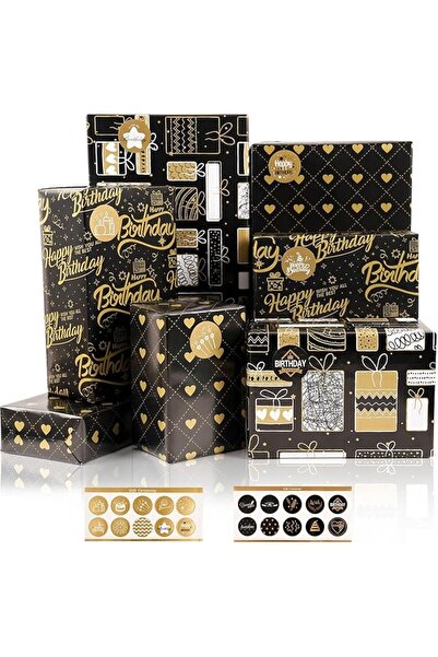 AZONEE Gift Wrapping Paper, 6 Sheets Wrapping Paper with Stickers, Black Gold...