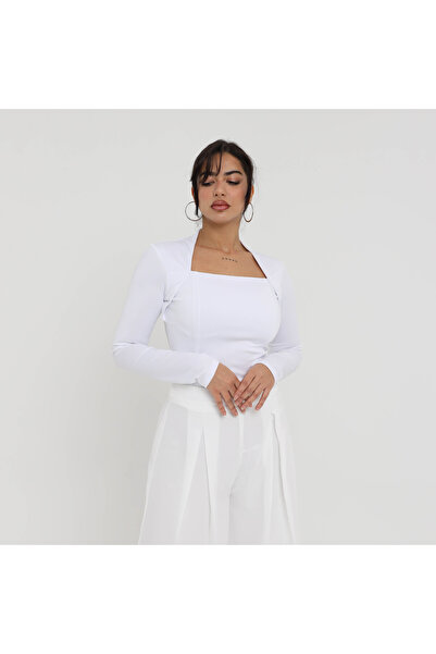 2TRENDY Women's Square Collar Long Sleeve Blouse White