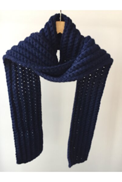 Mora Knit Atkı El Örgüsü Yünlü Lacivert Unisex Atkı ( 15x240cm 360g )