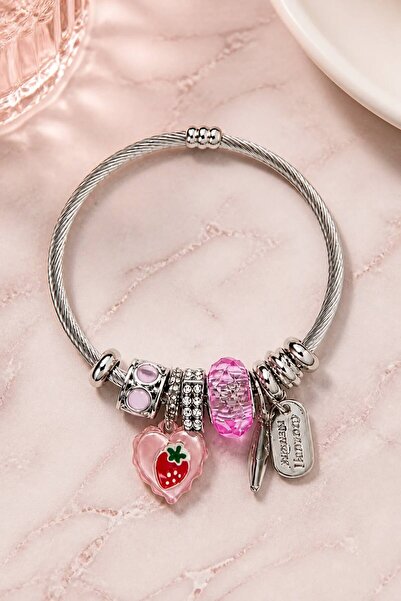LYKOS Strawberry and Heart Figured Multiple Charm Steel Bracelet - Faceted Be...