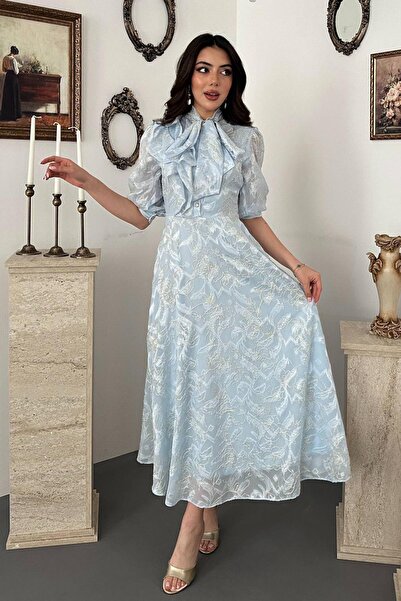 Clothes Fast فستان نسائي متوسط الطول بياقة فيونكة زرقاء وأكمام بالون مبطنة بن...