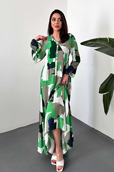 Moda Days Women's Green Patterned V-Neck Buttoned Long Sleeve Gathered Waist ...