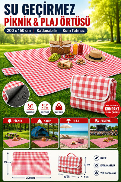 Hane Dostu Su Geçirmez Kum Tutmaz Piknik ve Plaj Örtüsü 200x150 cm Katlanabil...