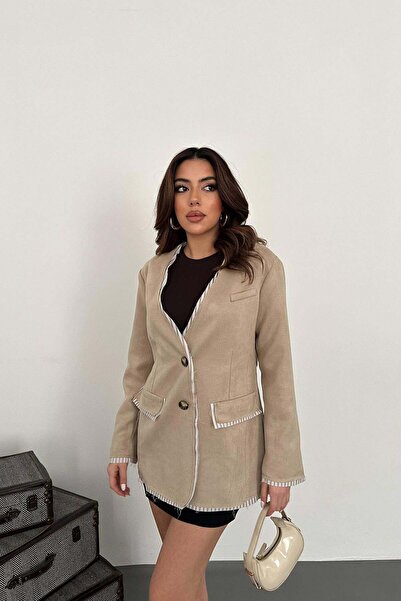 Clothes Fast سترة نسائية من جلد الغزال البيج مزينة بخطوط وبطانة وأزرار وجيوب ...