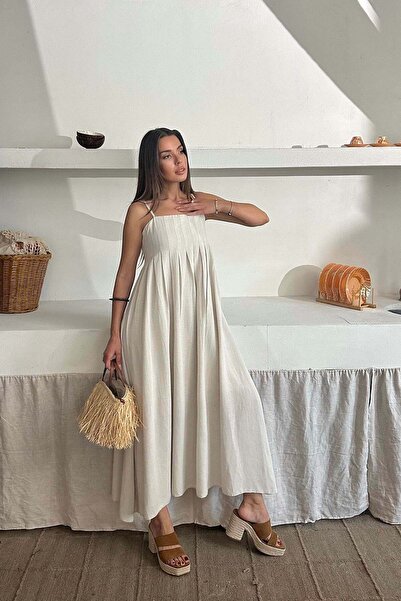 Clothes Fast فستان نسائي صيفي منسوج بقصة A-line وياقة مربعة وحزام بيج اللون